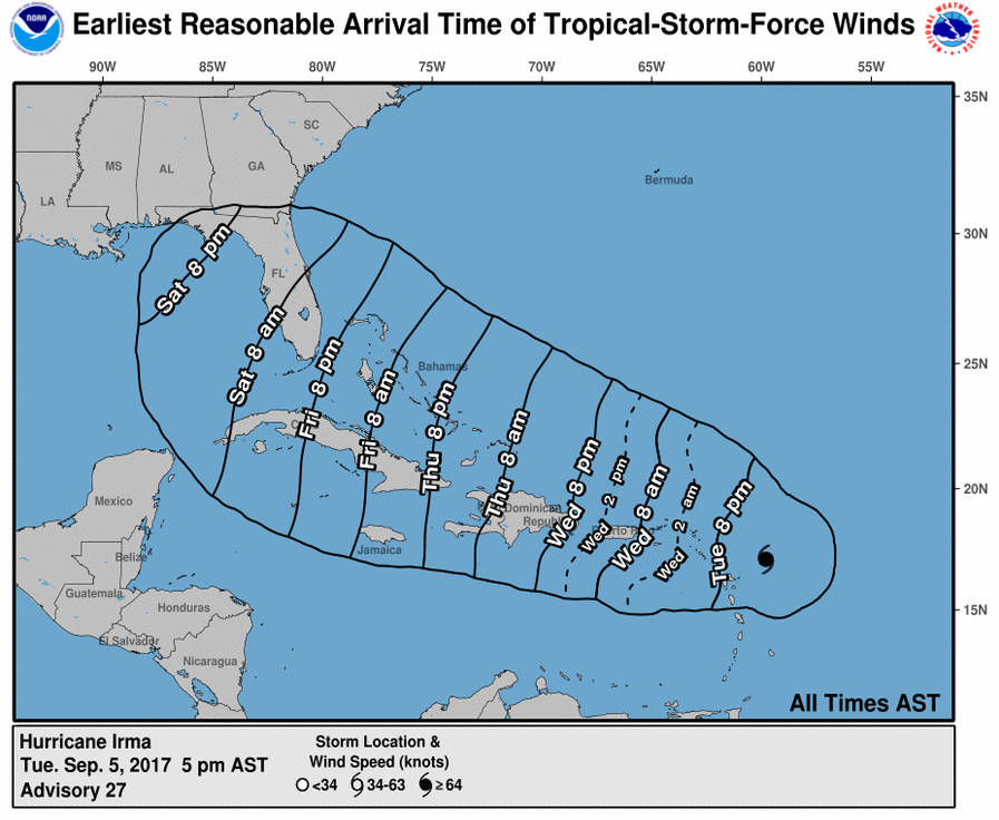 A portion of the US map centered on the Carribean islands shows the expected arrival time of tropical storm force winds at multiple locations ahead of Hurricane Irma.