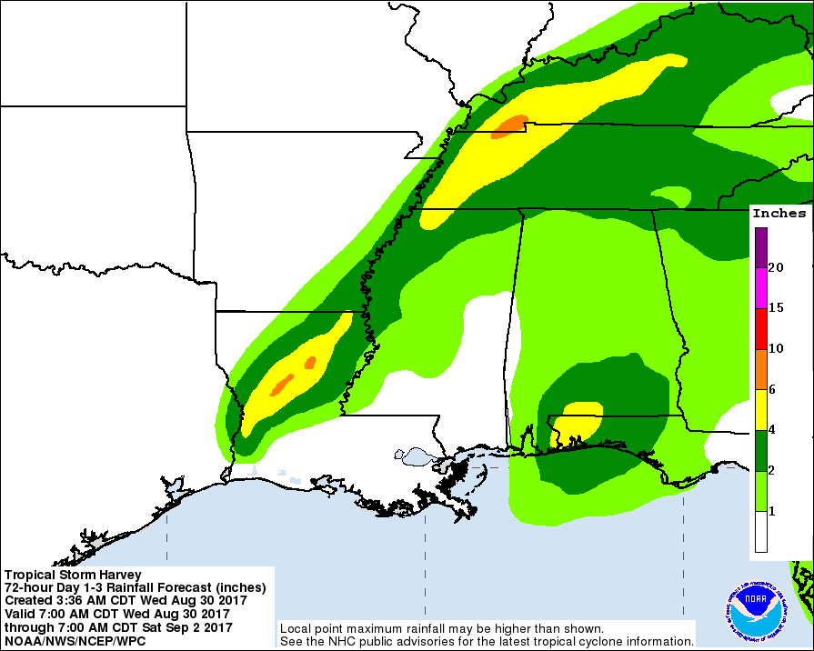 An image of the 3-day rainfall forecast shows Tropical Storm Harvey dumping 3 to 6 inches of rain over southeastern and central Louisiana with isolated regions receiving up to 10 inches of rain.