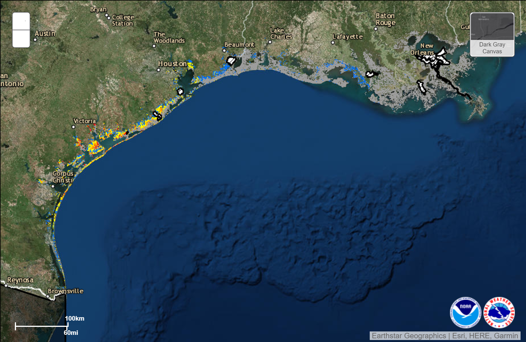 The storm surge inundation levels show the number of feet of storm surge that can be expected along the Texas Coast.