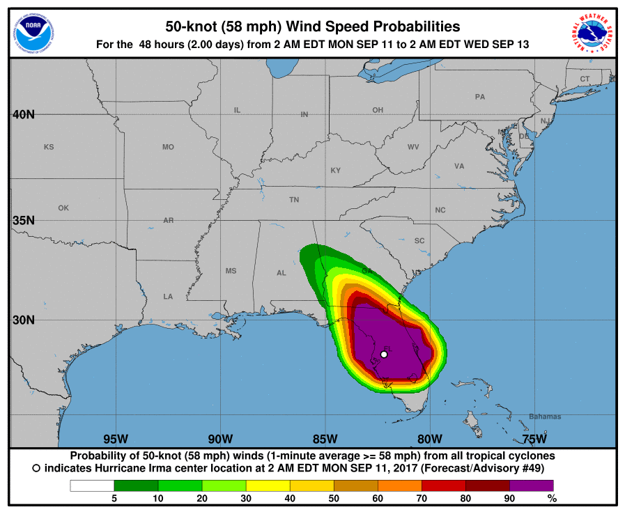 A map of the U.S. shows the wind speed probabilities of 50 knot winds 48 hours from 2 AM, Monday, September 11, 2017.