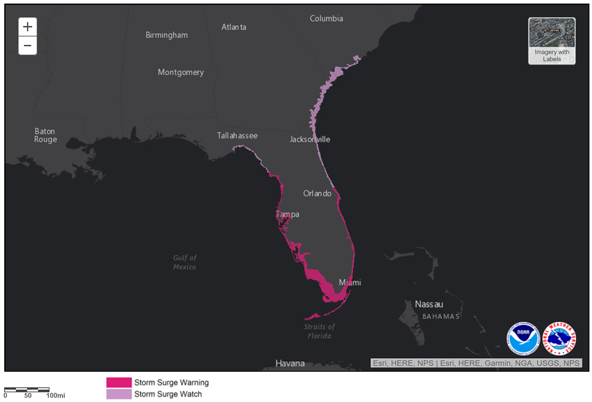 A map of the U.S. shows the forecasted storm surge watches and warnings along the Florida coastline.