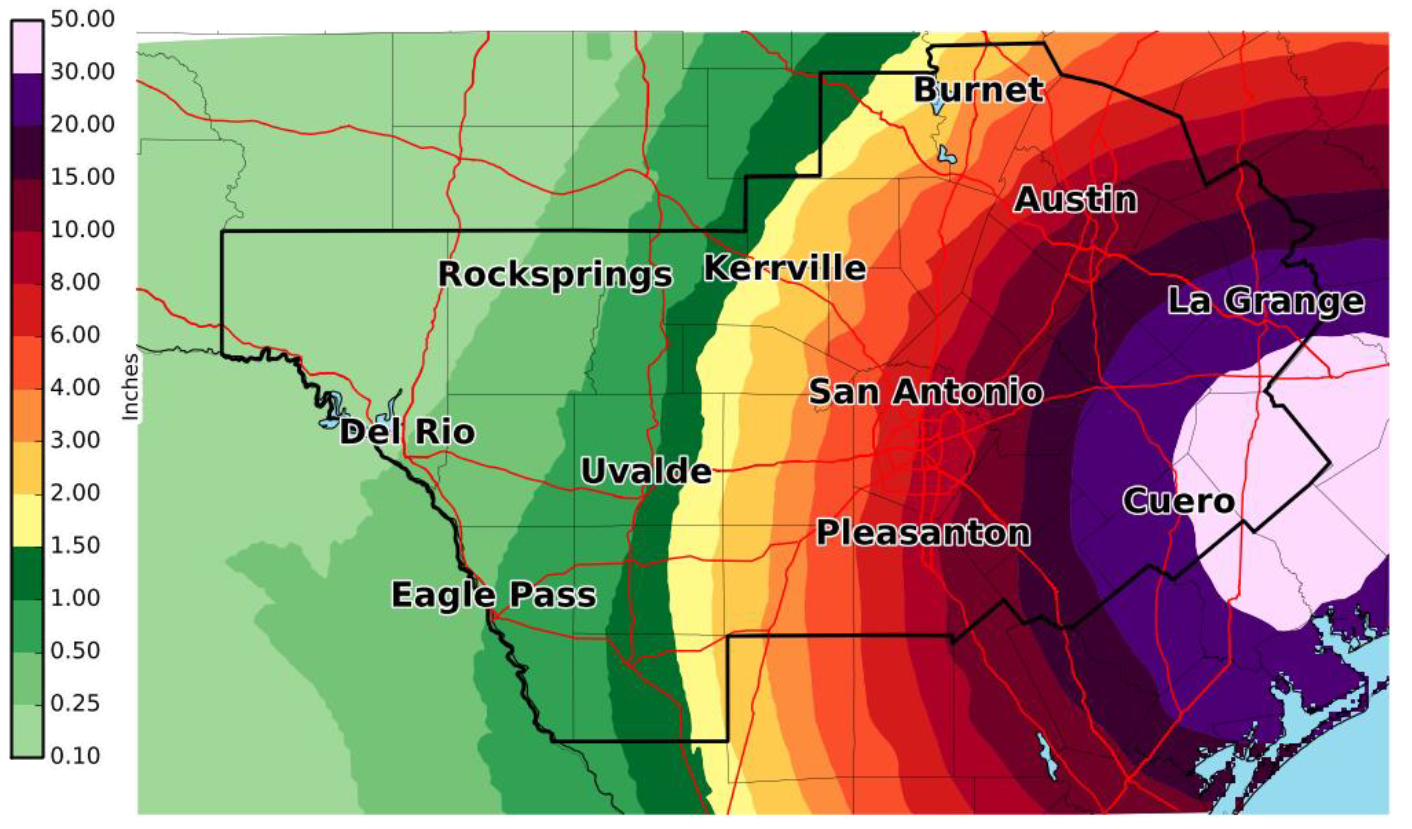 A graphic shows the amount of rainfall expected over Texas as a result of Hurricane Harvey.