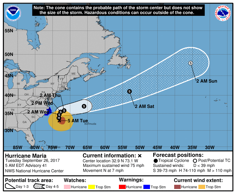 The forecasted track of Hurricane Maria is shown as it moves offshore affecting the Outer Banks of North Carolina.
