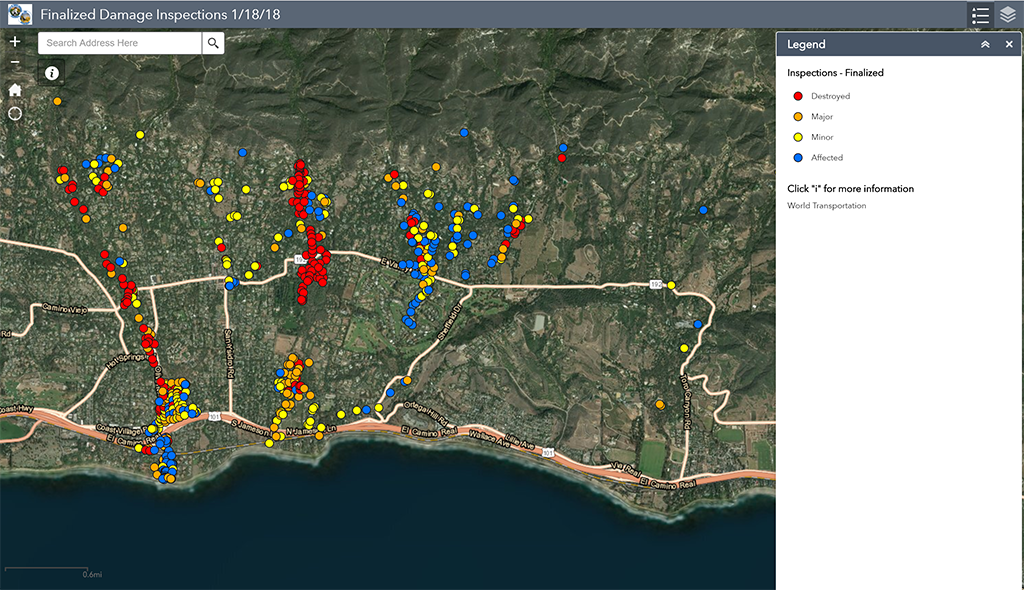 The location of damaged and destroyed homes and structures from the California mudslides are shown
	   on a map of the Santa Barabara area .