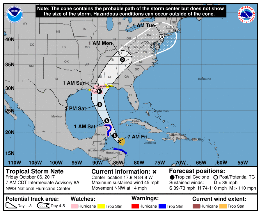 A map of the U.S. and Gulf of Mexico shows the
		  forecasted track of Tropical Storm Nate as it moves across the Yucatan Peninsula, into the Gulf Of Mexico, and makes landfall in Louisiana.