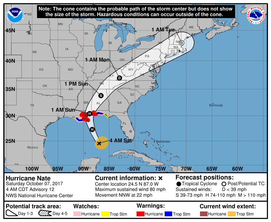 A map of the U.S. and Gulf of Mexico shows the
		  forecasted track of Hurricane Nate as it moves across the Gulf Of Mexico towards landfall on the central Gulf Coast of the United States.