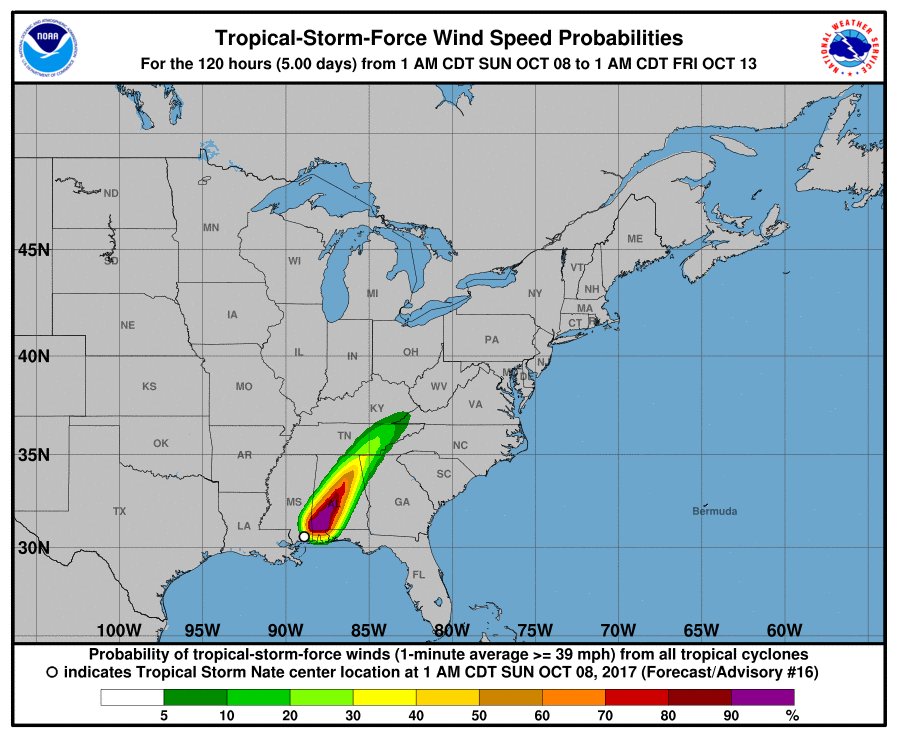 A map of the U.S. and Gulf of Mexico shows the
		  wind speed probabilities for Hurricane Nate as it moves through Mississippi and into Alabama.