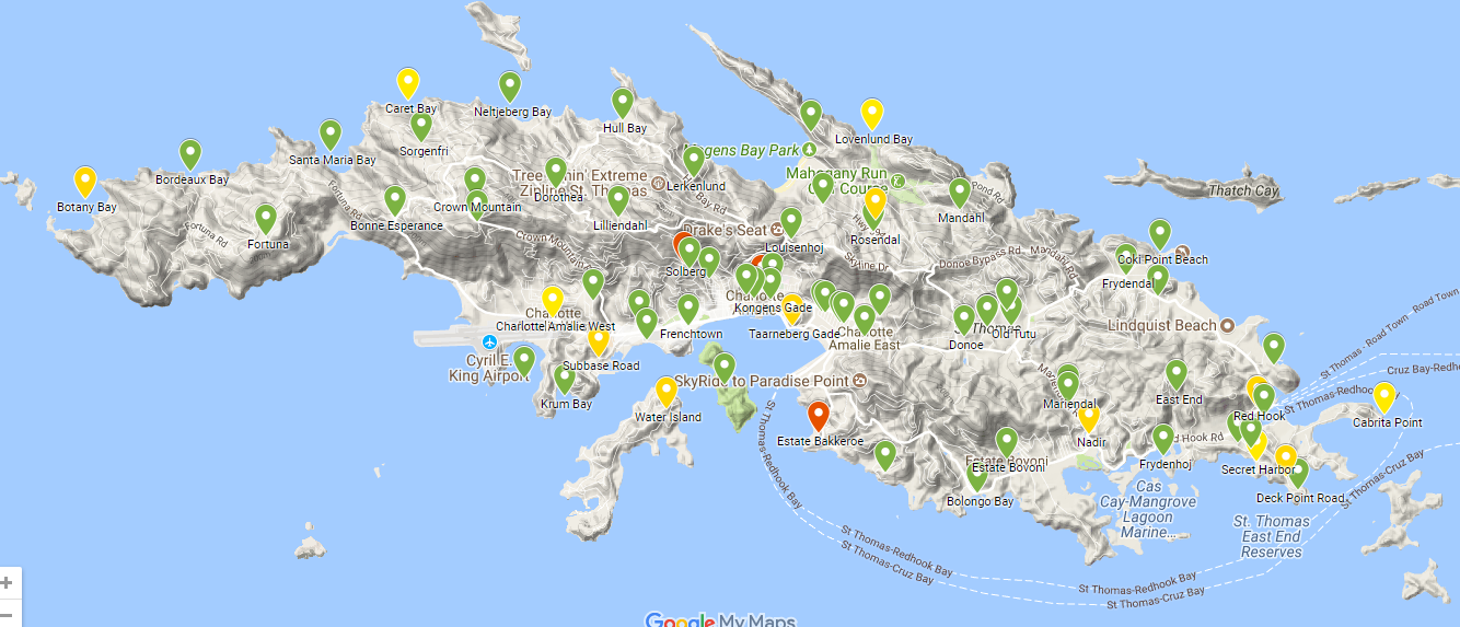 A map of the island of St. Thomas shows the progress
            in restoring electrical power on the island.
