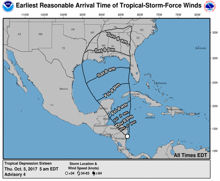 A map of the U.S. and Gulf of Mexico shows the
		  experimental arrival time of Tropical Storm force winds Sunday afternoon over the cfentral Gulf Coast of the United States.