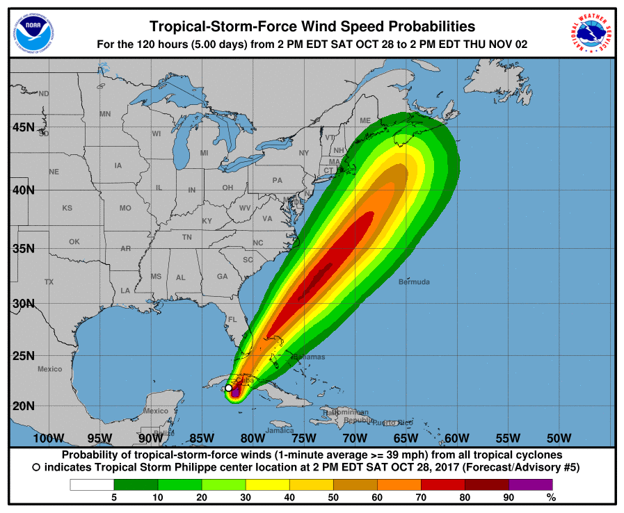 A map of the United States displays the forecasted wind speeds of Tropical Storm Philippe.