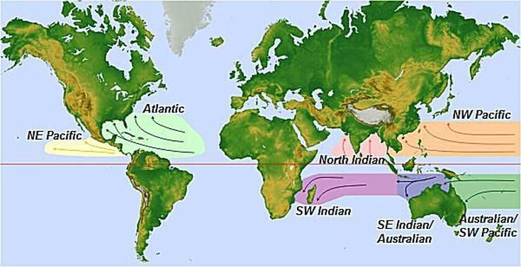 The Atlantic, Northeast Pacific, Northwest Pacific, Australian/Southwest Pacific, Southest Indian, North Indian, and Southwest Indian hurricane regions are shown on a map of the world with hurricane tracks depicting the probable landfall location of hurricanes in the region.
