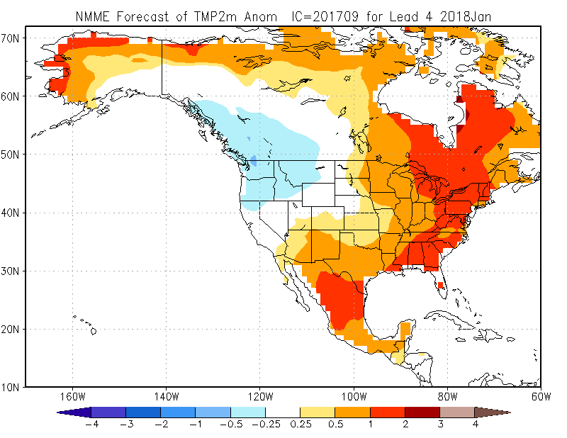 A map of the United States shows the
		  NMME Temperature forecast for JAN 2018. (Courtesy: Climate Prediction Center).
	   .