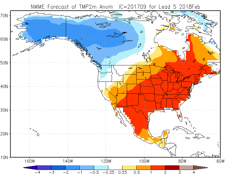 A map of the United States shows the
		  NMME Temperature forecast for FEB 2018. (Courtesy: Climate Prediction Center).
	   .