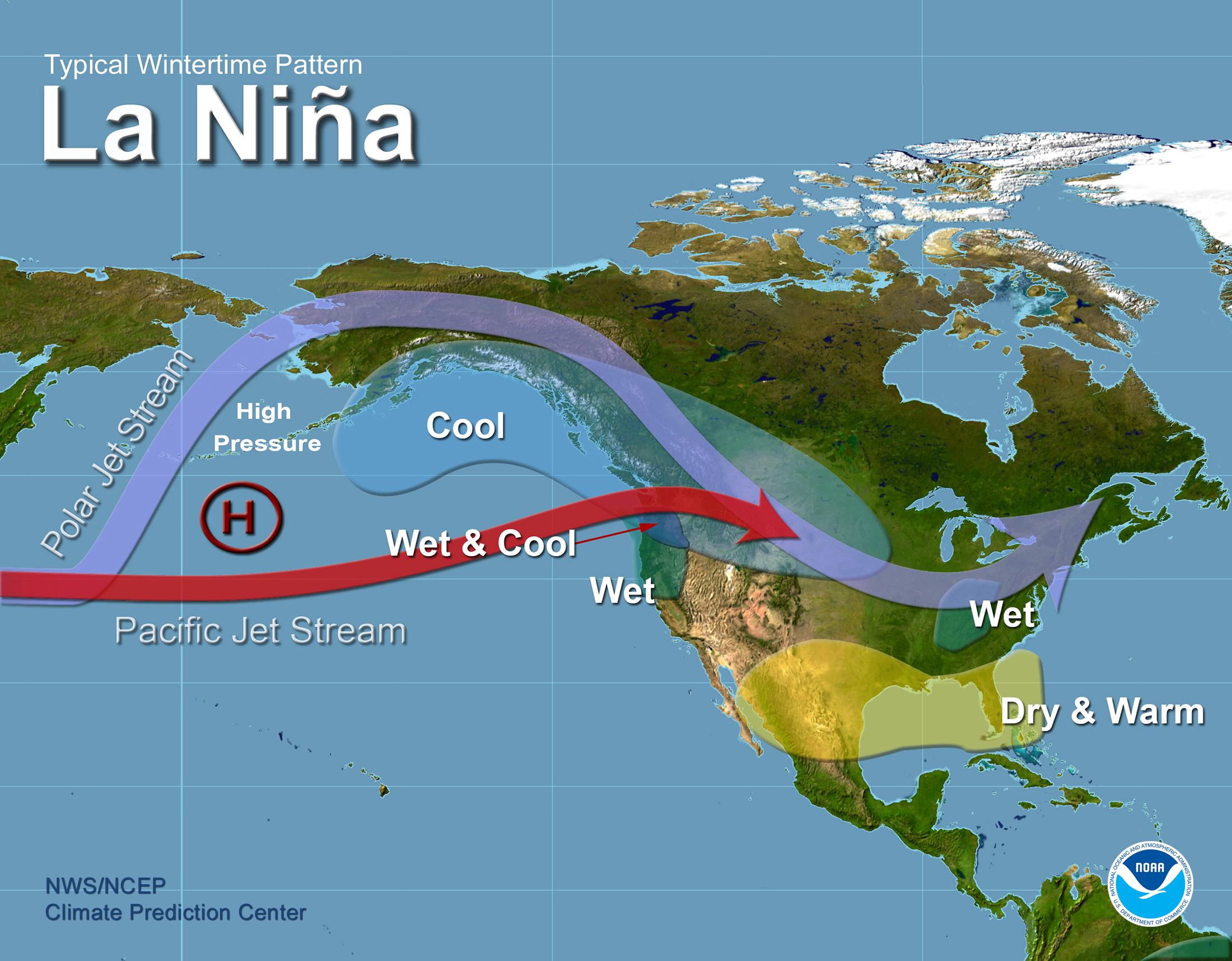 A maps shows the effect of the Pacific and Polar Jet Streams in La Niña conditions on the United States.