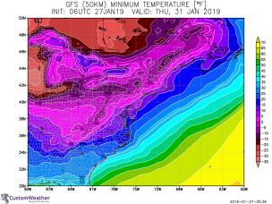 Figure 4a. Forecast minimum temperatures over the Northern Plains and Midwest on Wednesday 30<sup>th</sup> January and over the Northeast on Thursday 31<sup>st</sup> January. (Courtesy: CustomWeather).
