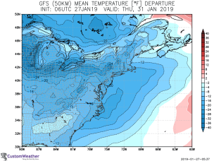 Figure 4b. Forecast minimum temperature departures from normal over the Northern Plains and Midwest on Wednesday 30<sup>th</sup> January and over the Northeast on Thursday 31<sup>st</sup> January. (Courtesy: CustomWeather).